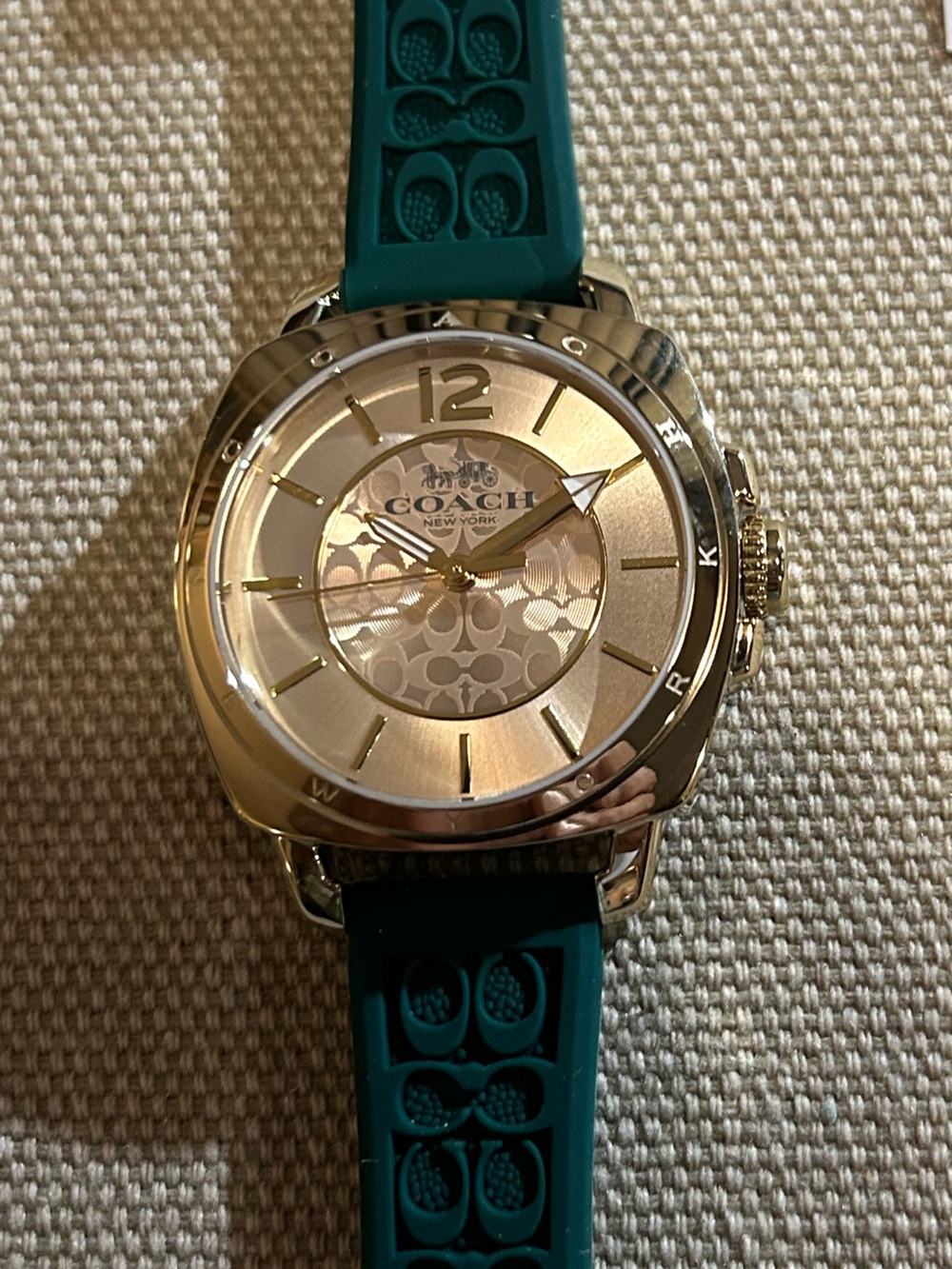 Coach Boyfriend Watch With 34mm Golden Face & Green Rubber Strap